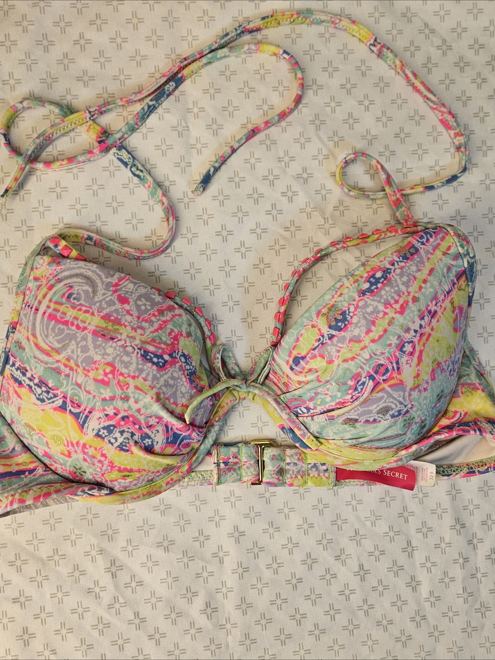 Victoria's Secret 32B Padded Underwire Halter Bikini Top Multicolor Abstract